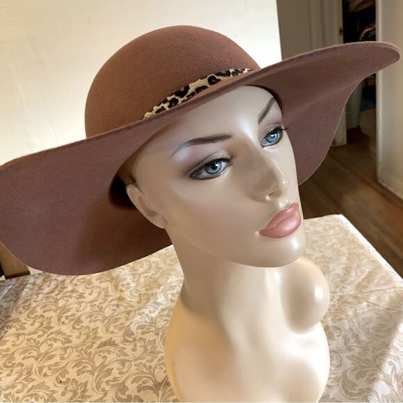 Floppy Wool Hat Caramel Color w/ Cheetah Design Hatband OSFA gorgeous - Picture 7 of 8